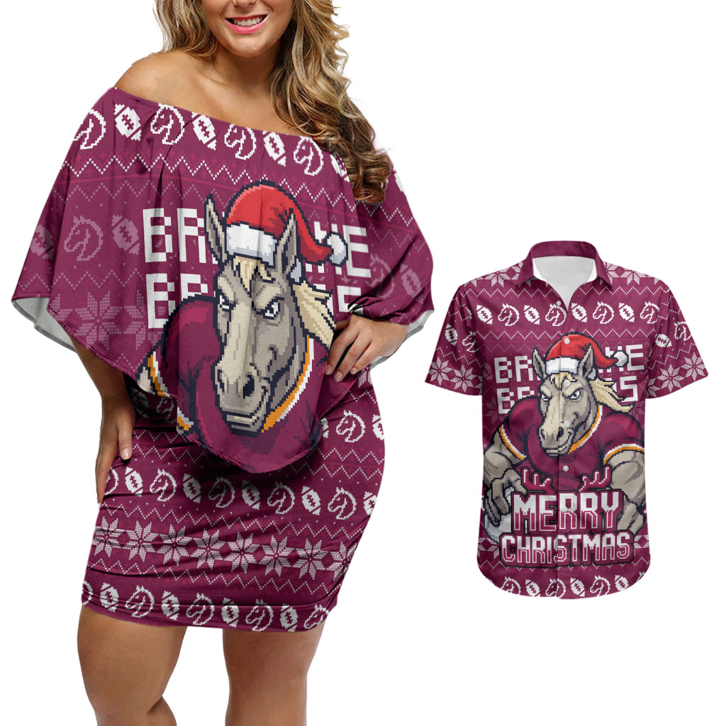 Personalized Brisbane Broncos Christmas Couples Matching Off Shoulder Short Dress and Hawaiian Shirt Australian Rugby Fans - Pixelated Ugly Xmas Pattern Mascot Santa
