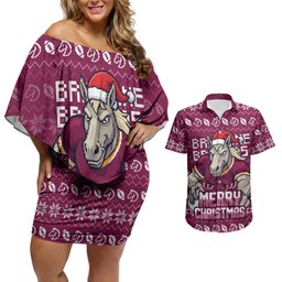 Personalized Brisbane Broncos Christmas Couples Matching Off Shoulder Short Dress and Hawaiian Shirt Australian Rugby Fans - Pixelated Ugly Xmas Pattern Mascot Santa