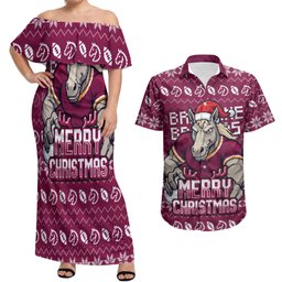 Personalized Brisbane Broncos Christmas Couples Matching Off Shoulder Maxi Dress and Hawaiian Shirt Australian Rugby Fans - Pixelated Ugly Xmas Pattern Mascot Santa