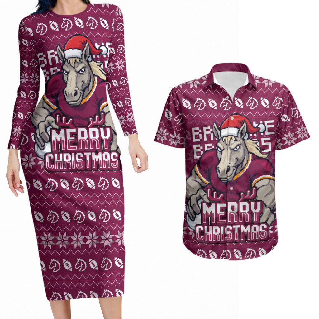 Personalized Brisbane Broncos Christmas Couples Matching Long Sleeve Bodycon Dress and Hawaiian Shirt Australian Rugby Fans - Pixelated Ugly Xmas Pattern Mascot Santa