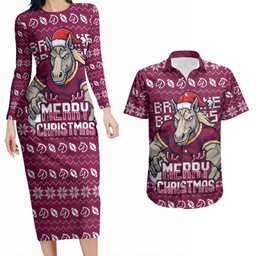 Personalized Brisbane Broncos Christmas Couples Matching Long Sleeve Bodycon Dress and Hawaiian Shirt Australian Rugby Fans - Pixelated Ugly Xmas Pattern Mascot Santa
