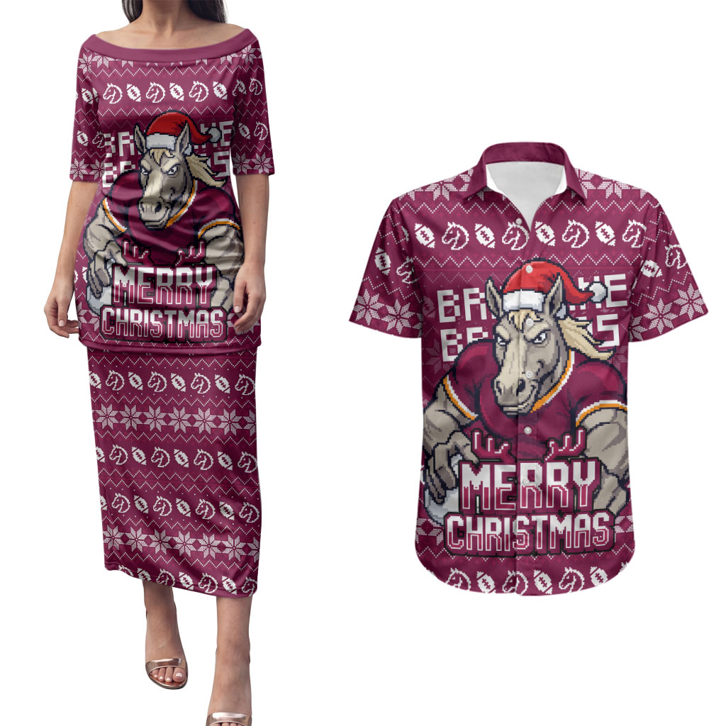 Personalized Brisbane Broncos Christmas Couples Matching Puletasi and Hawaiian Shirt Australian Rugby Fans - Pixelated Ugly Xmas Pattern Mascot Santa