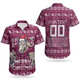 Personalized Brisbane Broncos Christmas Couples Matching Off Shoulder Maxi Dress and Hawaiian Shirt Australian Rugby Fans - Pixelated Ugly Xmas Pattern Mascot Santa