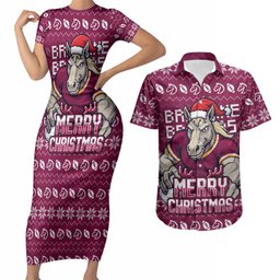 Personalized Brisbane Broncos Christmas Couples Matching Short Sleeve Bodycon Dress and Hawaiian Shirt Australian Rugby Fans - Pixelated Ugly Xmas Pattern Mascot Santa