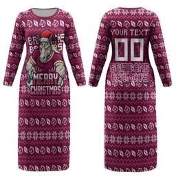 Personalized Brisbane Broncos Christmas Couples Matching Long Sleeve Bodycon Dress and Hawaiian Shirt Australian Rugby Fans - Pixelated Ugly Xmas Pattern Mascot Santa