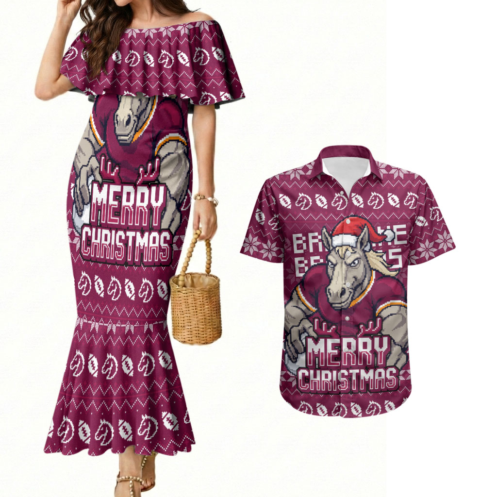 Personalized Brisbane Broncos Christmas Couples Matching Mermaid Dress and Hawaiian Shirt Australian Rugby Fans - Pixelated Ugly Xmas Pattern Mascot Santa