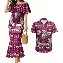 Personalized Brisbane Broncos Christmas Couples Matching Mermaid Dress and Hawaiian Shirt Australian Rugby Fans - Pixelated Ugly Xmas Pattern Mascot Santa