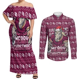 Personalized Brisbane Broncos Christmas Couples Matching Off Shoulder Maxi Dress and Long Sleeve Button Shirt Australian Rugby Fans - Pixelated Ugly Xmas Pattern Mascot Santa