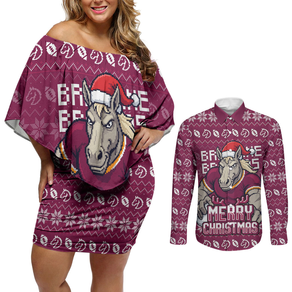 Personalized Brisbane Broncos Christmas Couples Matching Off Shoulder Short Dress and Long Sleeve Button Shirt Australian Rugby Fans - Pixelated Ugly Xmas Pattern Mascot Santa