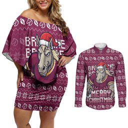 Personalized Brisbane Broncos Christmas Couples Matching Off Shoulder Short Dress and Long Sleeve Button Shirt Australian Rugby Fans - Pixelated Ugly Xmas Pattern Mascot Santa