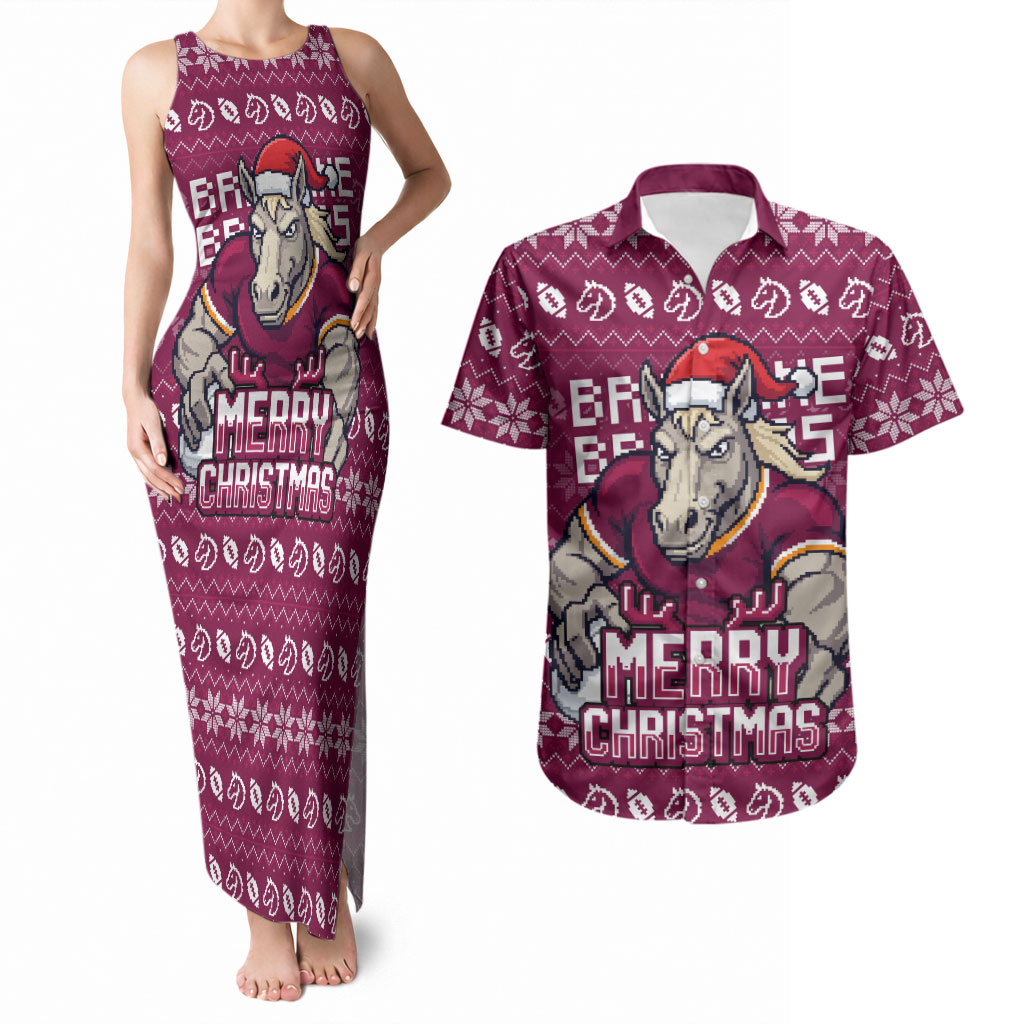 Personalized Brisbane Broncos Christmas Couples Matching Tank Maxi Dress and Hawaiian Shirt Australian Rugby Fans - Pixelated Ugly Xmas Pattern Mascot Santa