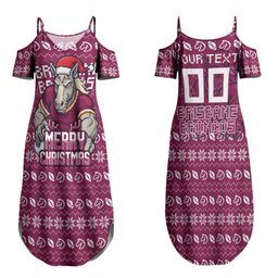 Personalized Brisbane Broncos Christmas Couples Matching Summer Maxi Dress and Hawaiian Shirt Australian Rugby Fans - Pixelated Ugly Xmas Pattern Mascot Santa