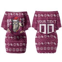 Personalized Brisbane Broncos Christmas Couples Matching Off Shoulder Short Dress and Long Sleeve Button Shirt Australian Rugby Fans - Pixelated Ugly Xmas Pattern Mascot Santa