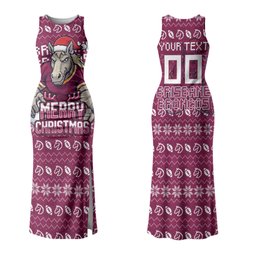 Personalized Brisbane Broncos Christmas Couples Matching Tank Maxi Dress and Hawaiian Shirt Australian Rugby Fans - Pixelated Ugly Xmas Pattern Mascot Santa