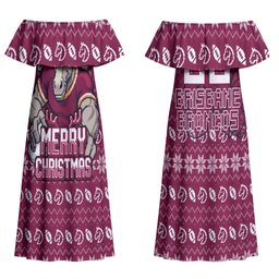 Personalized Brisbane Broncos Christmas Couples Matching Off Shoulder Maxi Dress and Long Sleeve Button Shirt Australian Rugby Fans - Pixelated Ugly Xmas Pattern Mascot Santa