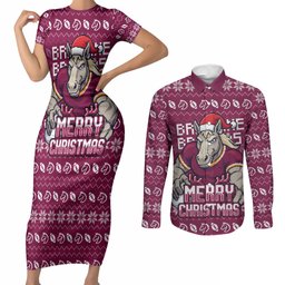 Personalized Brisbane Broncos Christmas Couples Matching Short Sleeve Bodycon Dress and Long Sleeve Button Shirt Australian Rugby Fans - Pixelated Ugly Xmas Pattern Mascot Santa