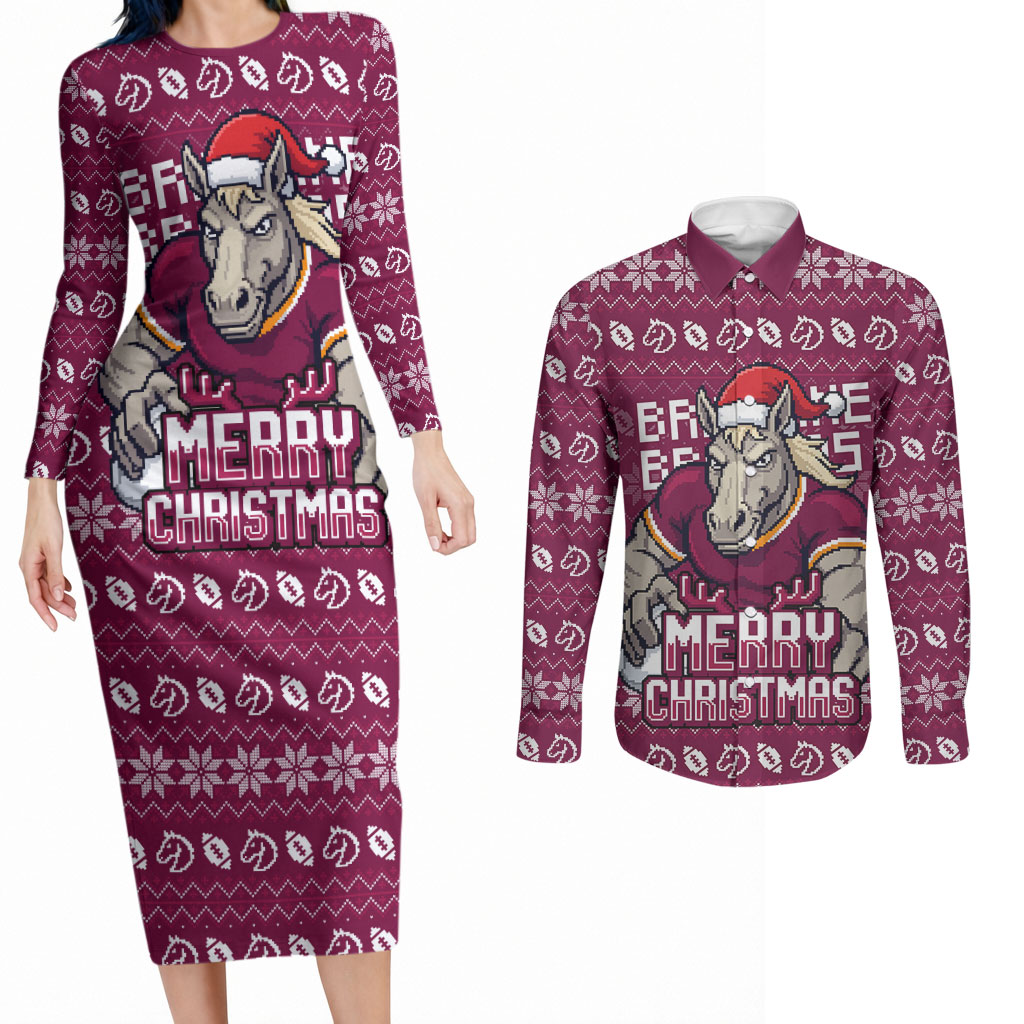 Personalized Brisbane Broncos Christmas Couples Matching Long Sleeve Bodycon Dress and Long Sleeve Button Shirt Australian Rugby Fans - Pixelated Ugly Xmas Pattern Mascot Santa