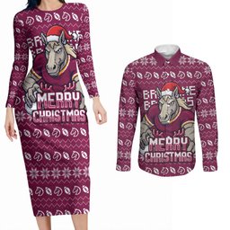 Personalized Brisbane Broncos Christmas Couples Matching Long Sleeve Bodycon Dress and Long Sleeve Button Shirt Australian Rugby Fans - Pixelated Ugly Xmas Pattern Mascot Santa