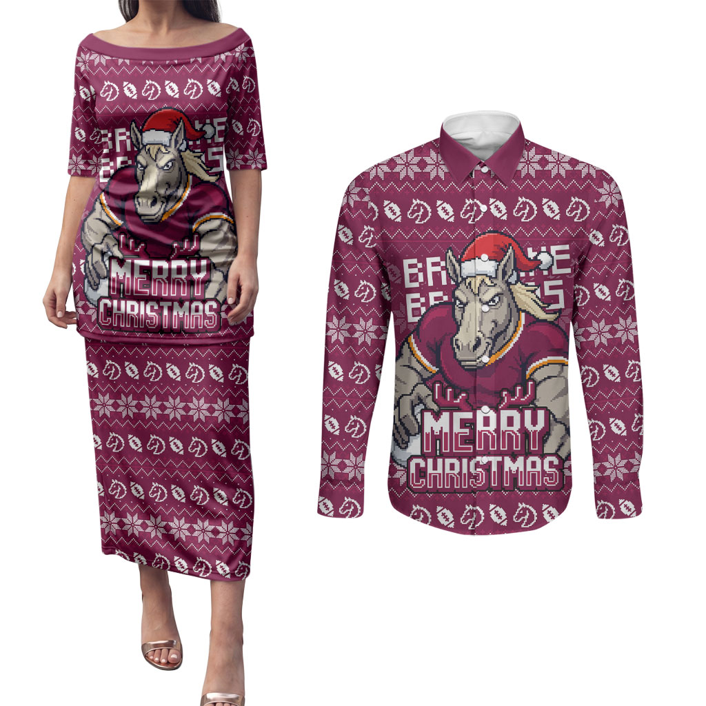 Personalized Brisbane Broncos Christmas Couples Matching Puletasi and Long Sleeve Button Shirt Australian Rugby Fans - Pixelated Ugly Xmas Pattern Mascot Santa
