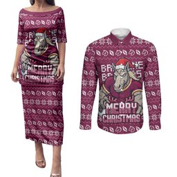 Personalized Brisbane Broncos Christmas Couples Matching Puletasi and Long Sleeve Button Shirt Australian Rugby Fans - Pixelated Ugly Xmas Pattern Mascot Santa