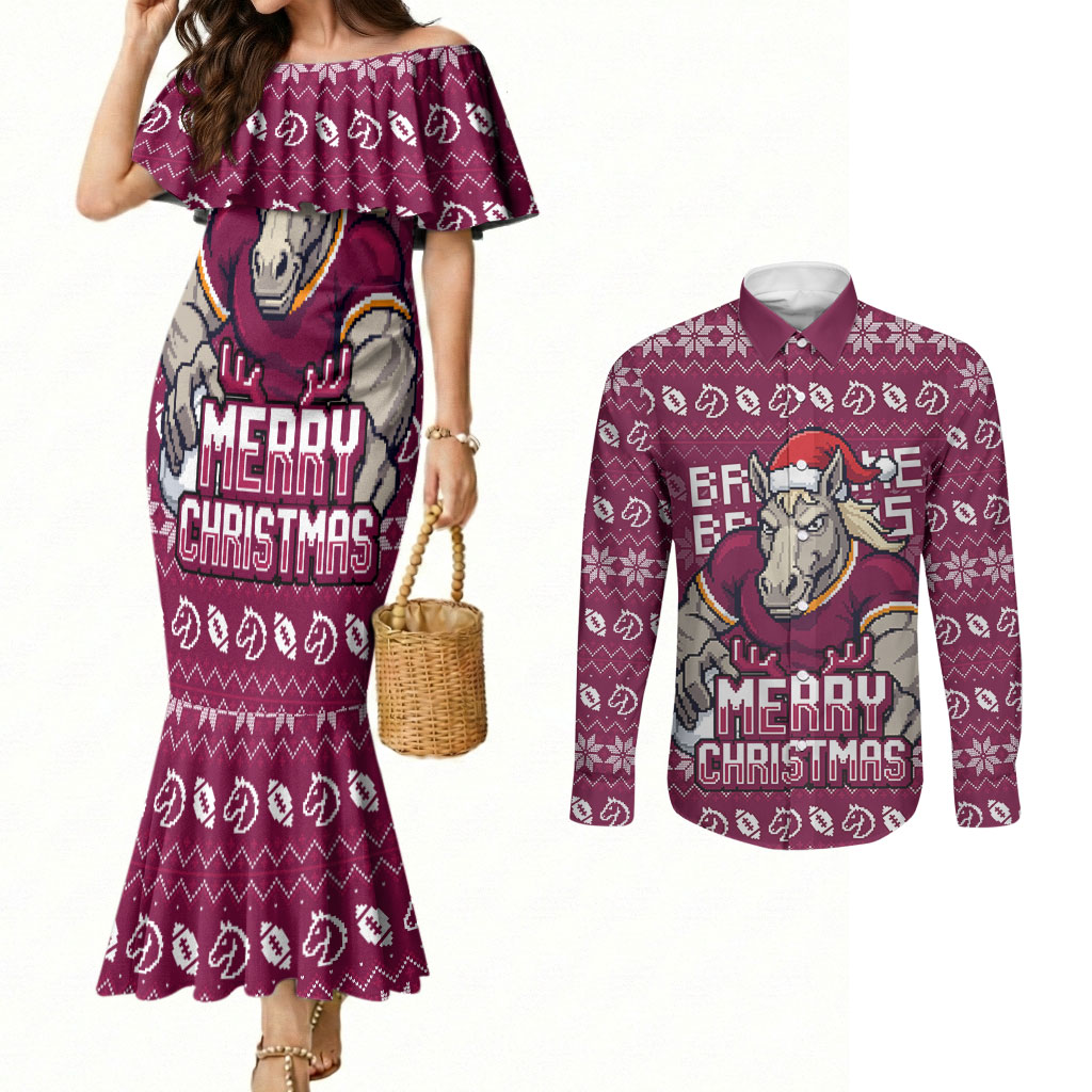 Personalized Brisbane Broncos Christmas Couples Matching Mermaid Dress and Long Sleeve Button Shirt Australian Rugby Fans - Pixelated Ugly Xmas Pattern Mascot Santa