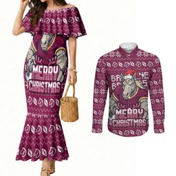 Personalized Brisbane Broncos Christmas Couples Matching Mermaid Dress and Long Sleeve Button Shirt Australian Rugby Fans - Pixelated Ugly Xmas Pattern Mascot Santa