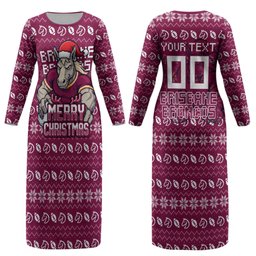 Personalized Brisbane Broncos Christmas Couples Matching Long Sleeve Bodycon Dress and Long Sleeve Button Shirt Australian Rugby Fans - Pixelated Ugly Xmas Pattern Mascot Santa