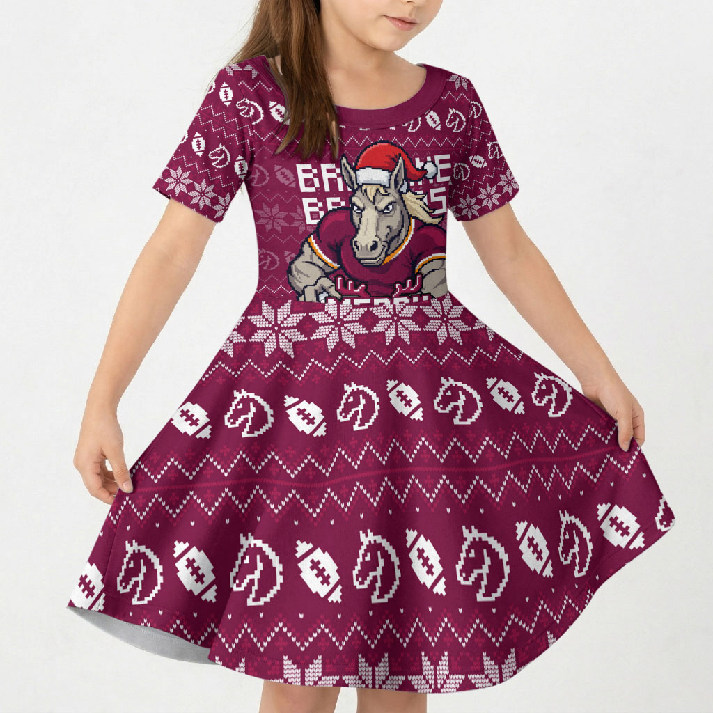 Personalized Brisbane Broncos Christmas Kid Short Sleeve Dress Australian Rugby Fans - Pixelated Ugly Xmas Pattern Mascot Santa