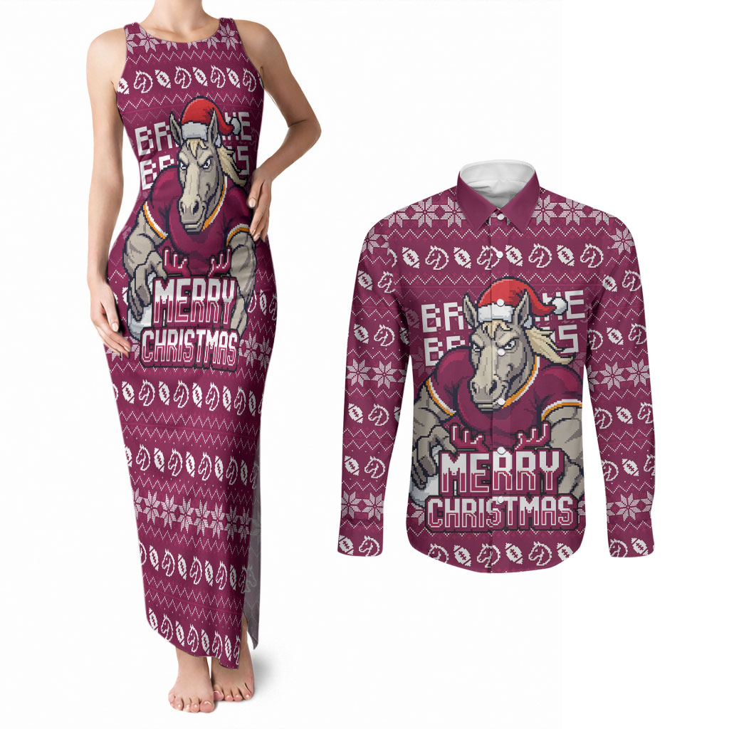 Personalized Brisbane Broncos Christmas Couples Matching Tank Maxi Dress and Long Sleeve Button Shirt Australian Rugby Fans - Pixelated Ugly Xmas Pattern Mascot Santa