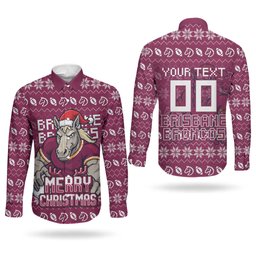 Personalized Brisbane Broncos Christmas Couples Matching Mermaid Dress and Long Sleeve Button Shirt Australian Rugby Fans - Pixelated Ugly Xmas Pattern Mascot Santa
