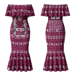 Personalized Brisbane Broncos Christmas Couples Matching Mermaid Dress and Long Sleeve Button Shirt Australian Rugby Fans - Pixelated Ugly Xmas Pattern Mascot Santa