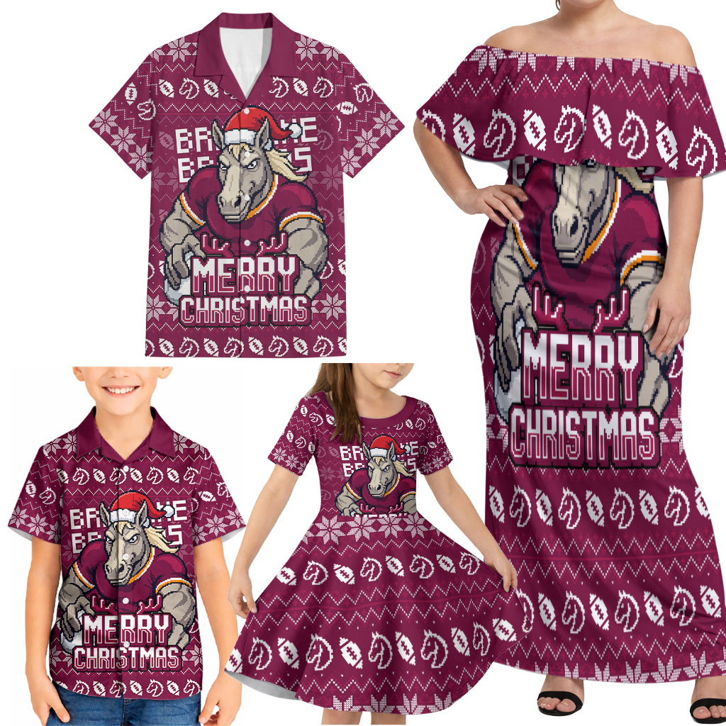 Personalized Brisbane Broncos Christmas Family Matching Off Shoulder Maxi Dress and Hawaiian Shirt Australian Rugby Fans - Pixelated Ugly Xmas Pattern Mascot Santa