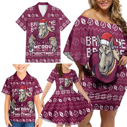 Personalized Brisbane Broncos Christmas Family Matching Off Shoulder Short Dress and Hawaiian Shirt Australian Rugby Fans - Pixelated Ugly Xmas Pattern Mascot Santa