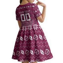 Personalized Brisbane Broncos Christmas Kid Short Sleeve Dress Australian Rugby Fans - Pixelated Ugly Xmas Pattern Mascot Santa