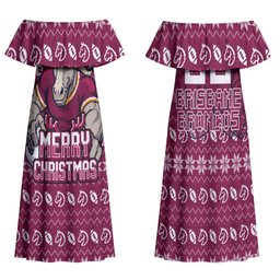 Personalized Brisbane Broncos Christmas Family Matching Off Shoulder Maxi Dress and Hawaiian Shirt Australian Rugby Fans - Pixelated Ugly Xmas Pattern Mascot Santa