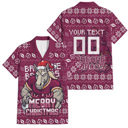 Personalized Brisbane Broncos Christmas Family Matching Off Shoulder Maxi Dress and Hawaiian Shirt Australian Rugby Fans - Pixelated Ugly Xmas Pattern Mascot Santa