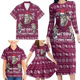 Personalized Brisbane Broncos Christmas Family Matching Long Sleeve Bodycon Dress and Hawaiian Shirt Australian Rugby Fans - Pixelated Ugly Xmas Pattern Mascot Santa
