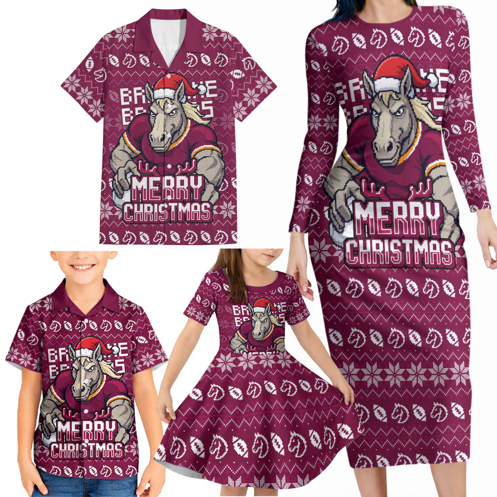 Personalized Brisbane Broncos Christmas Family Matching Long Sleeve Bodycon Dress and Hawaiian Shirt Australian Rugby Fans - Pixelated Ugly Xmas Pattern Mascot Santa