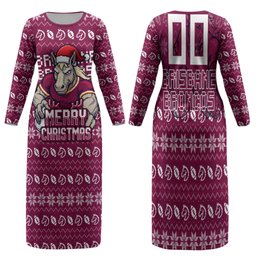 Personalized Brisbane Broncos Christmas Family Matching Long Sleeve Bodycon Dress and Hawaiian Shirt Australian Rugby Fans - Pixelated Ugly Xmas Pattern Mascot Santa