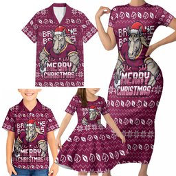 Personalized Brisbane Broncos Christmas Family Matching Short Sleeve Bodycon Dress and Hawaiian Shirt Australian Rugby Fans - Pixelated Ugly Xmas Pattern Mascot Santa