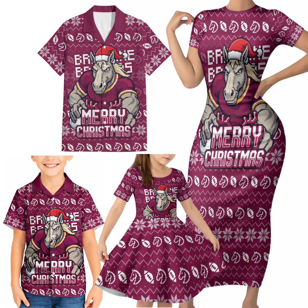 Personalized Brisbane Broncos Christmas Family Matching Short Sleeve Bodycon Dress and Hawaiian Shirt Australian Rugby Fans - Pixelated Ugly Xmas Pattern Mascot Santa
