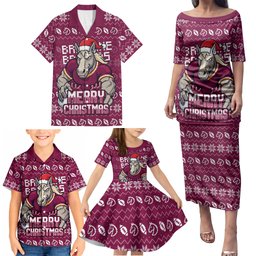 Personalized Brisbane Broncos Christmas Family Matching Puletasi and Hawaiian Shirt Australian Rugby Fans - Pixelated Ugly Xmas Pattern Mascot Santa