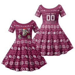 Personalized Brisbane Broncos Christmas Family Matching Off Shoulder Maxi Dress and Hawaiian Shirt Australian Rugby Fans - Pixelated Ugly Xmas Pattern Mascot Santa