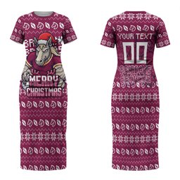 Personalized Brisbane Broncos Christmas Family Matching Short Sleeve Bodycon Dress and Hawaiian Shirt Australian Rugby Fans - Pixelated Ugly Xmas Pattern Mascot Santa