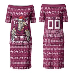 Personalized Brisbane Broncos Christmas Family Matching Puletasi and Hawaiian Shirt Australian Rugby Fans - Pixelated Ugly Xmas Pattern Mascot Santa