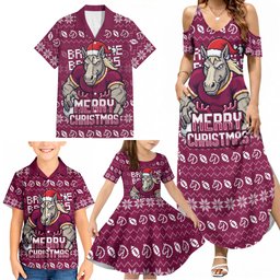 Personalized Brisbane Broncos Christmas Family Matching Summer Maxi Dress and Hawaiian Shirt Australian Rugby Fans - Pixelated Ugly Xmas Pattern Mascot Santa
