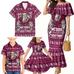 Personalized Brisbane Broncos Christmas Family Matching Mermaid Dress and Hawaiian Shirt Australian Rugby Fans - Pixelated Ugly Xmas Pattern Mascot Santa