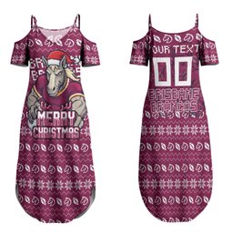 Personalized Brisbane Broncos Christmas Family Matching Summer Maxi Dress and Hawaiian Shirt Australian Rugby Fans - Pixelated Ugly Xmas Pattern Mascot Santa