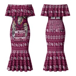 Personalized Brisbane Broncos Christmas Family Matching Mermaid Dress and Hawaiian Shirt Australian Rugby Fans - Pixelated Ugly Xmas Pattern Mascot Santa