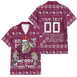 Personalized Brisbane Broncos Christmas Family Matching Mermaid Dress and Hawaiian Shirt Australian Rugby Fans - Pixelated Ugly Xmas Pattern Mascot Santa